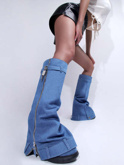 Western Platform Wedge Denim Boots