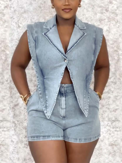 Sleeveless Elastic Waist Denim Romper