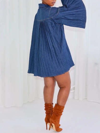 Oversized Denim Pleated A-Line Shirt Dress