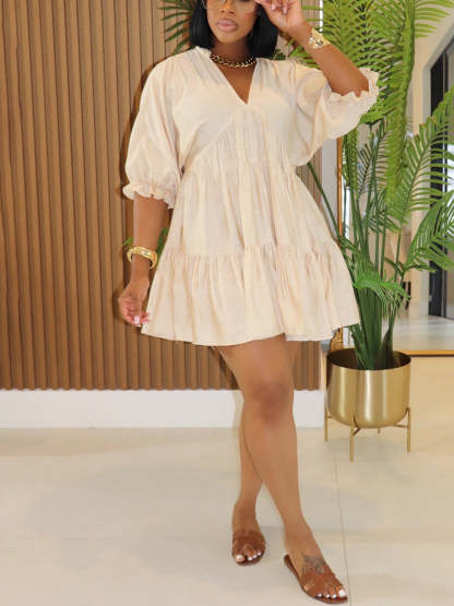 Cropped Sleeves Loose-Fit Pleated Dress