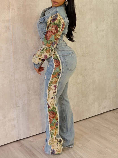 Printed Color Block Denim Jacket Jeans Set