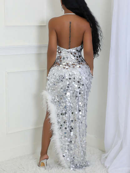 Sequin Halter Backless Feather Trim Dress