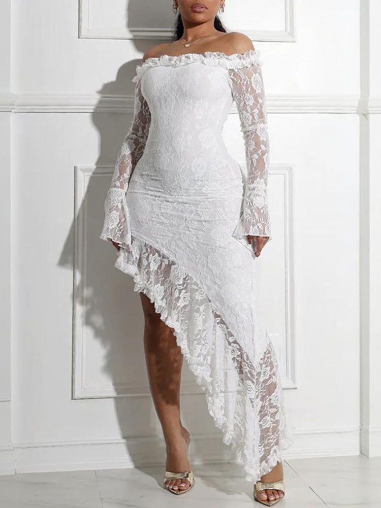 Off Shoulder Lace Asymmetric Ruffle Dress