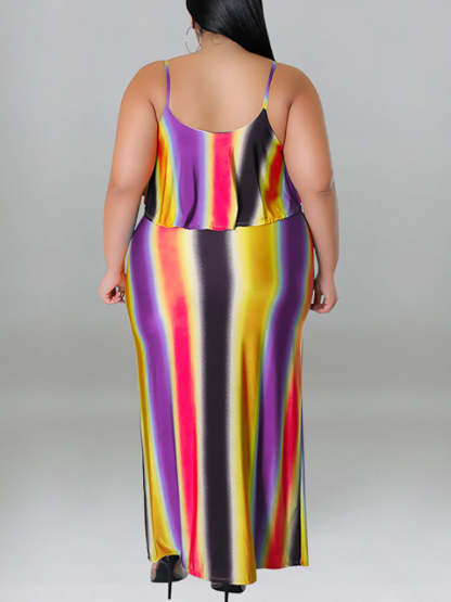 Plus Size Ruffle Strap Rainbow Stripe Print Dress