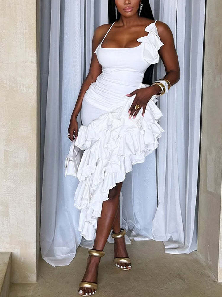 Ruffled Asymmetrical Ruched Cami Dress