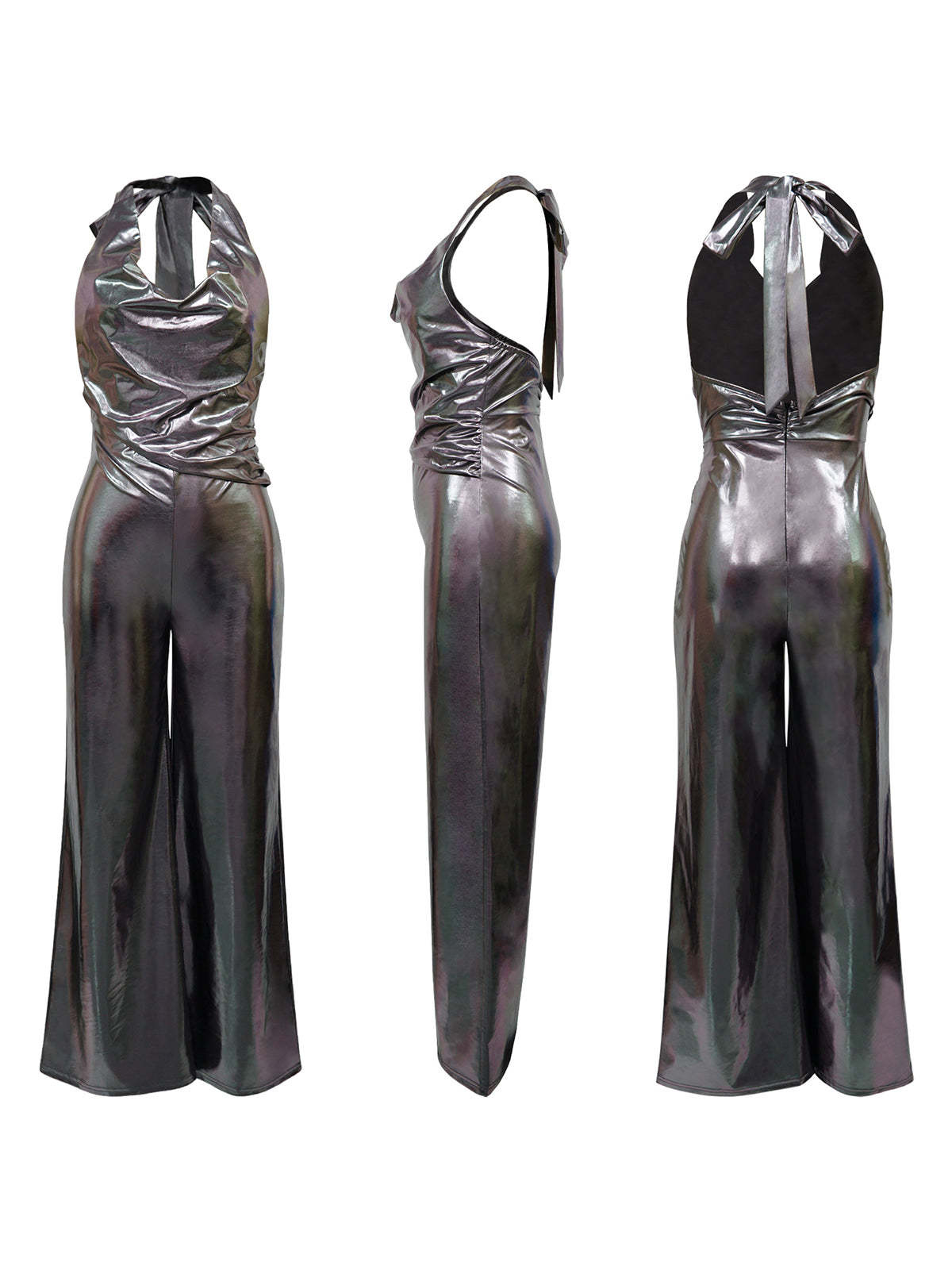 Glitter Halter Cowl Neck Backless Jumpsuit