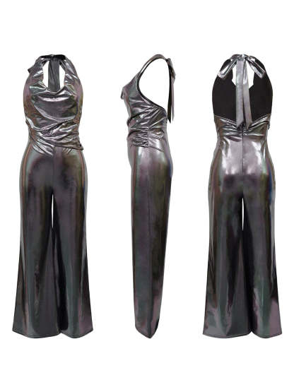 Glitter Halter Cowl Neck Backless Jumpsuit