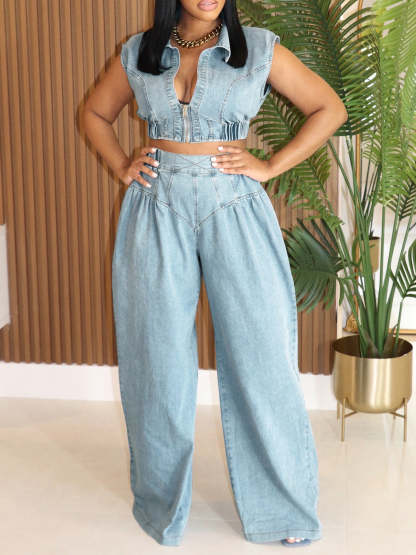 Two Pieces Sleeveless Denim Pants Set