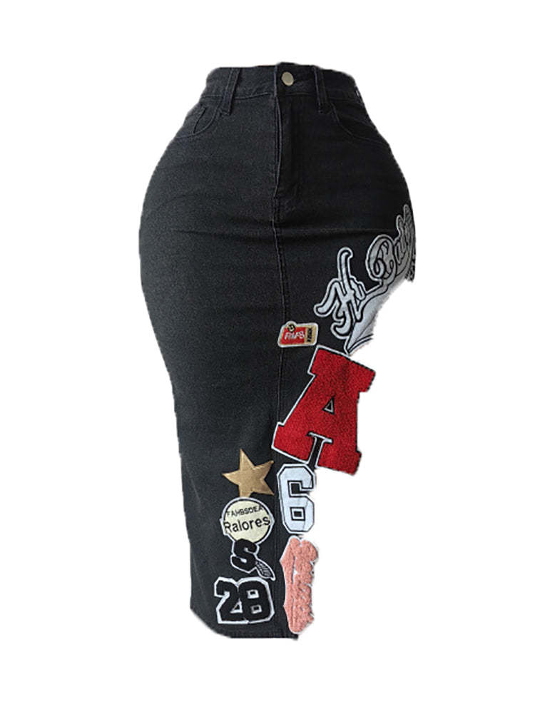 Graffiti Patchwork High Slit Denim Midi Skirt