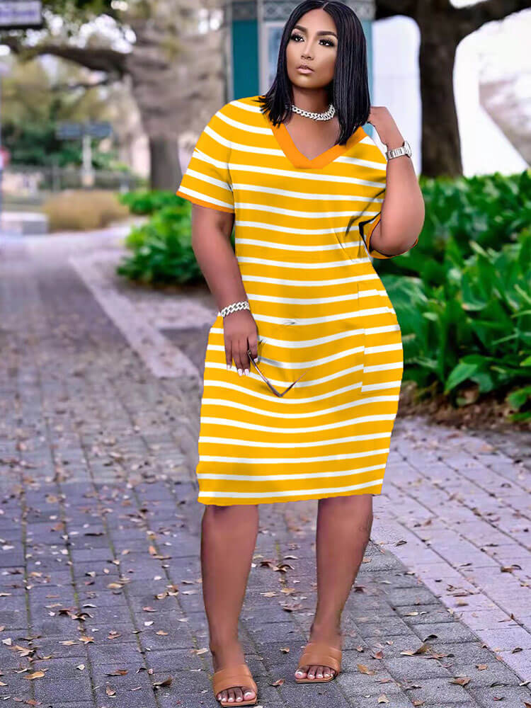 Striped V Neck Loose Midi Dress
