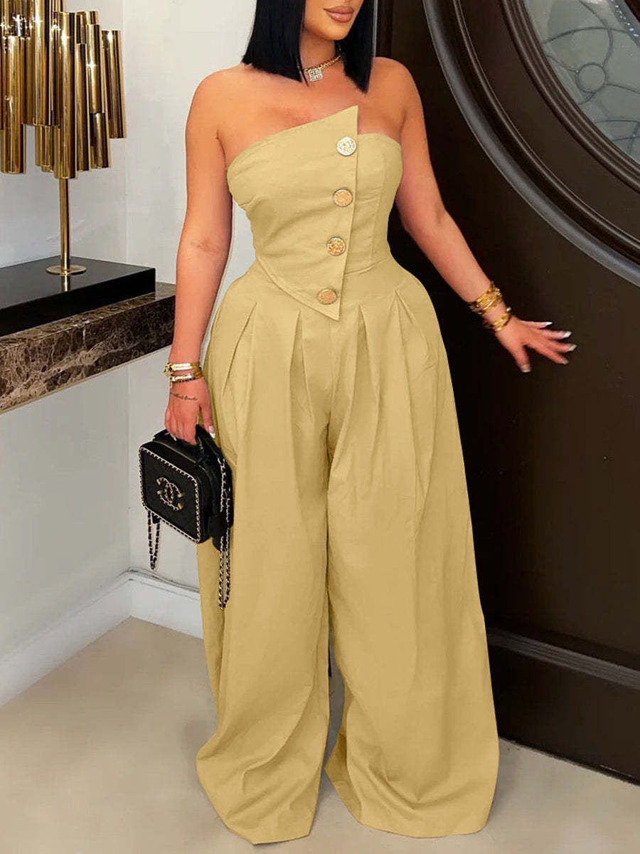 Strapless Button Wide-Leg Jumpsuit