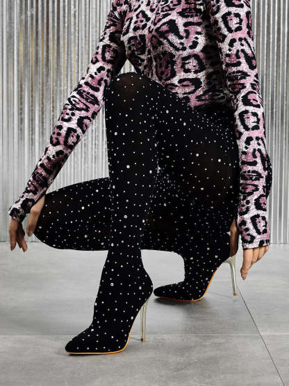 Rhinestone Stiletto Pointed Toe Pants Boots