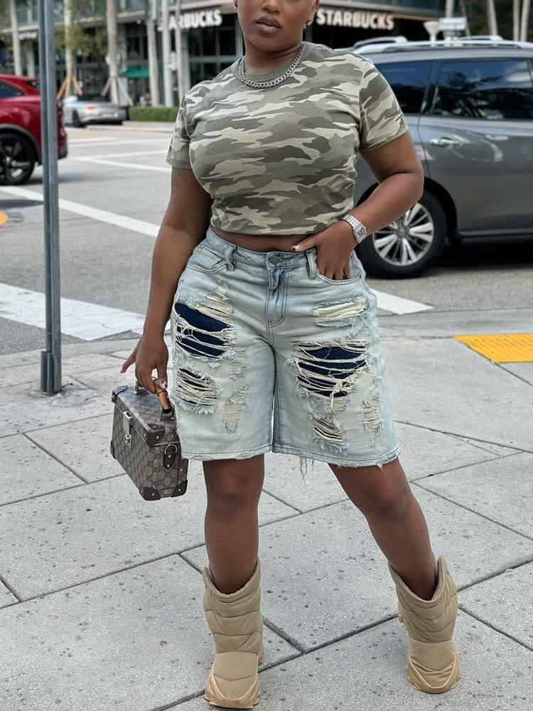 Distressed Patchwork Denim Shorts