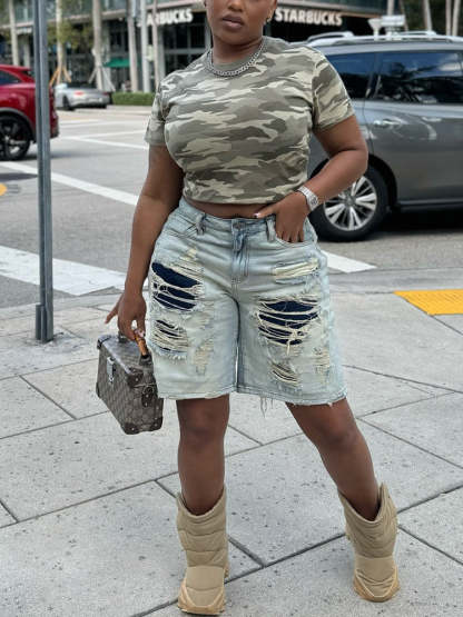 Distressed Patchwork Denim Shorts