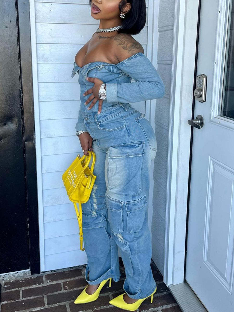 Off-Shoulder Pockets Denim Jumpsuit