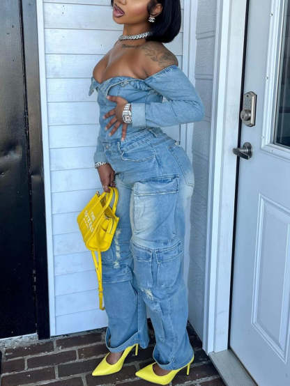 Off-Shoulder Pockets Denim Jumpsuit