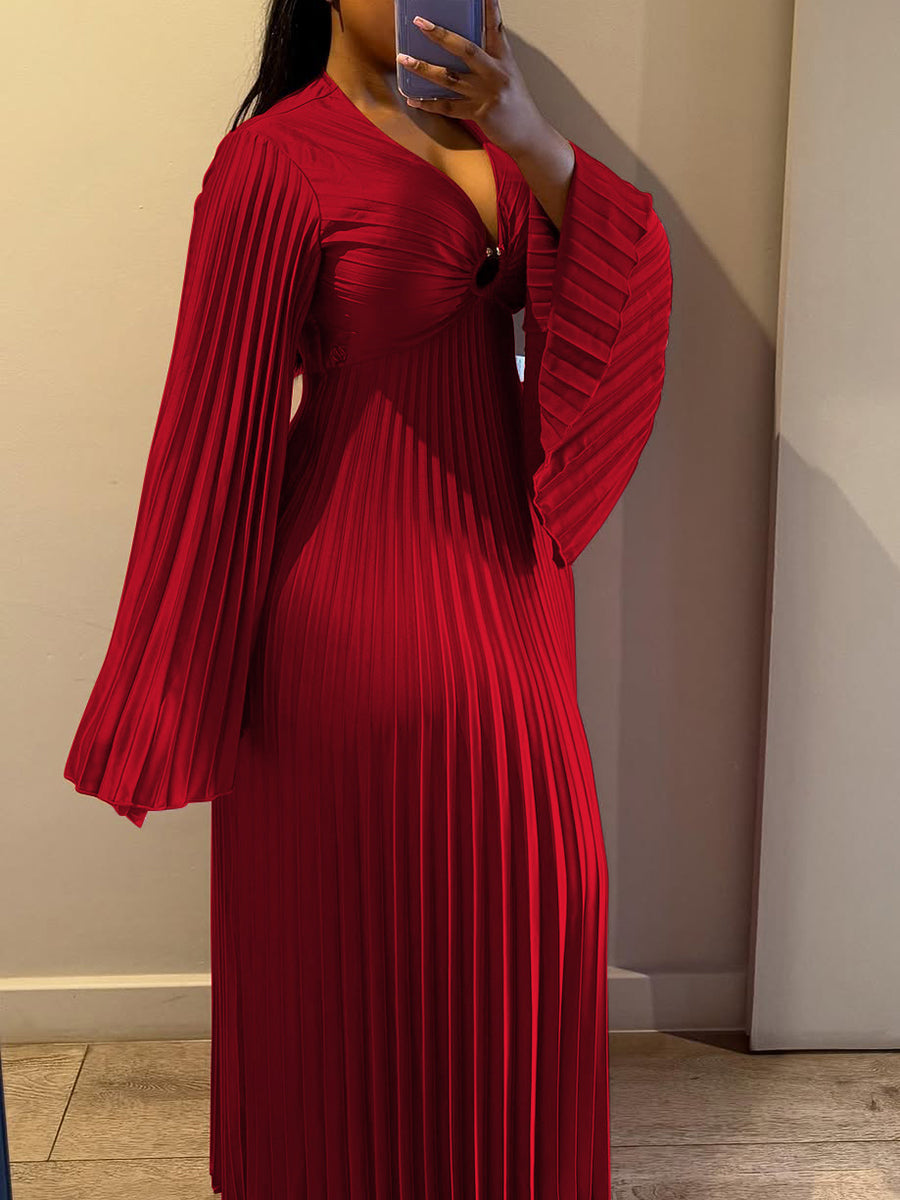 Chiffon V-Neck Pleated Maxi Dress