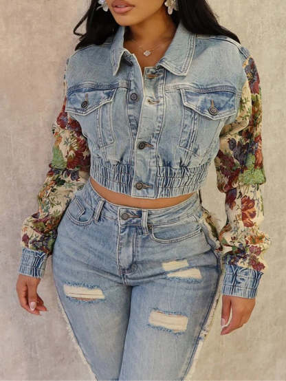 Printed Color Block Denim Jacket Jeans Set
