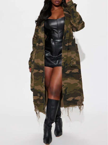 Distressed Camouflage Long Trench Coat