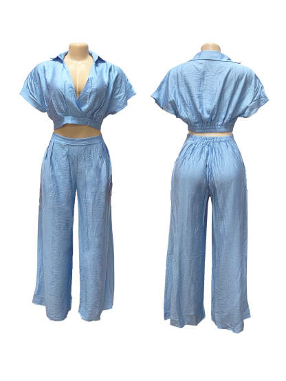 Solid Color Top Wide-Leg Pants Set