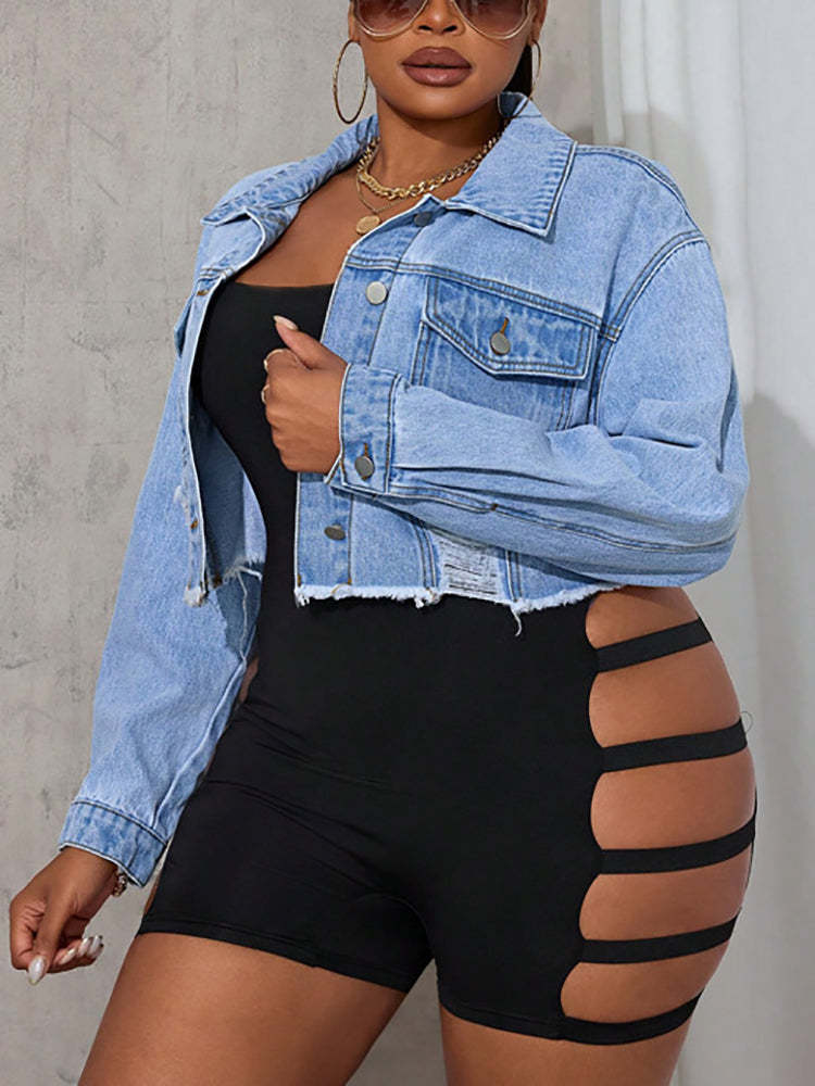 Plus Size Ripped Cropped Denim Jacket