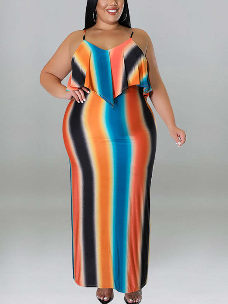 Plus Size Colorful Striped Strap Ruffle Hem Dress | Summer Dress