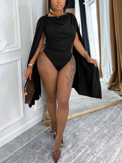 Draped Round Neck Cape Sleeve Romper