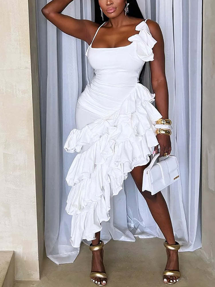 Ruffled Asymmetrical Ruched Cami Dress