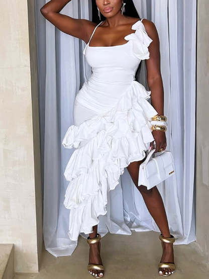 Ruffled Asymmetrical Ruched Cami Dress