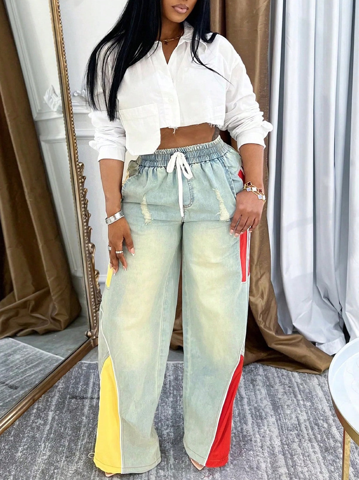 Drawstring High Waist Color Block Jeans