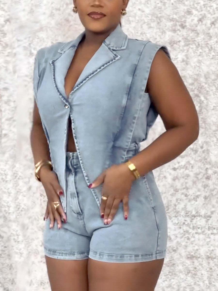 Sleeveless Elastic Waist Denim Romper