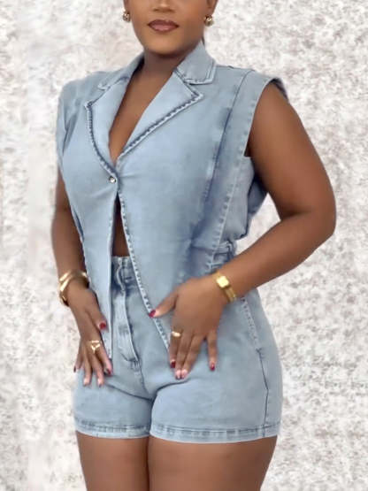 Sleeveless Elastic Waist Denim Romper