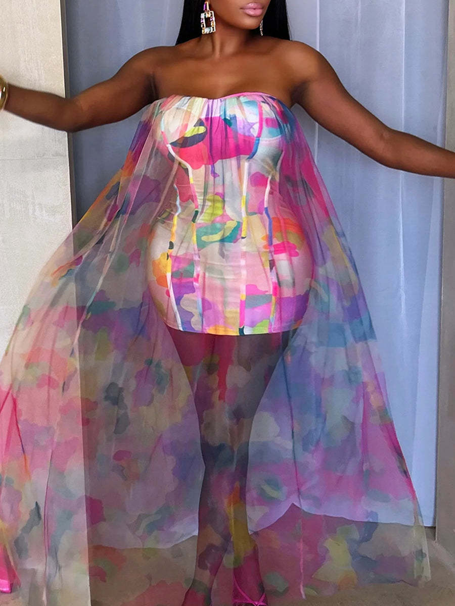 Colorblock Mesh Patchwork Strapless Dress