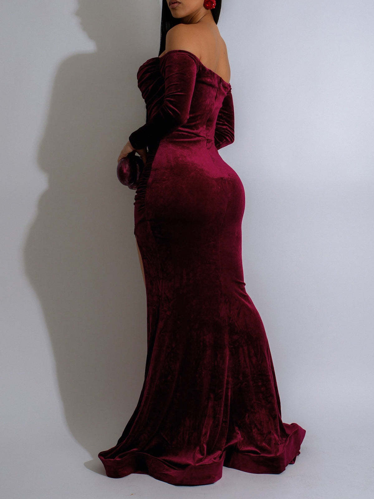 Off Shoulder Velvet Split Maxi Dress