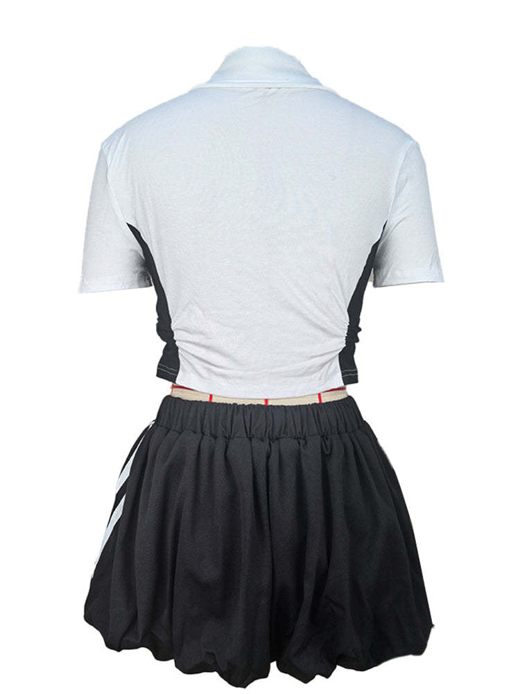 Lace Trim Letter Print Top Pleated Skirt Set