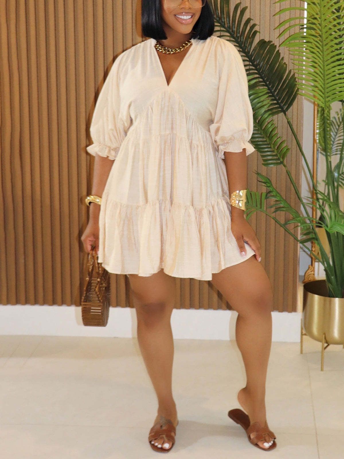 Solid V-Neck Pleated Dress with Cropped Sleeves | Women's Casual Dress