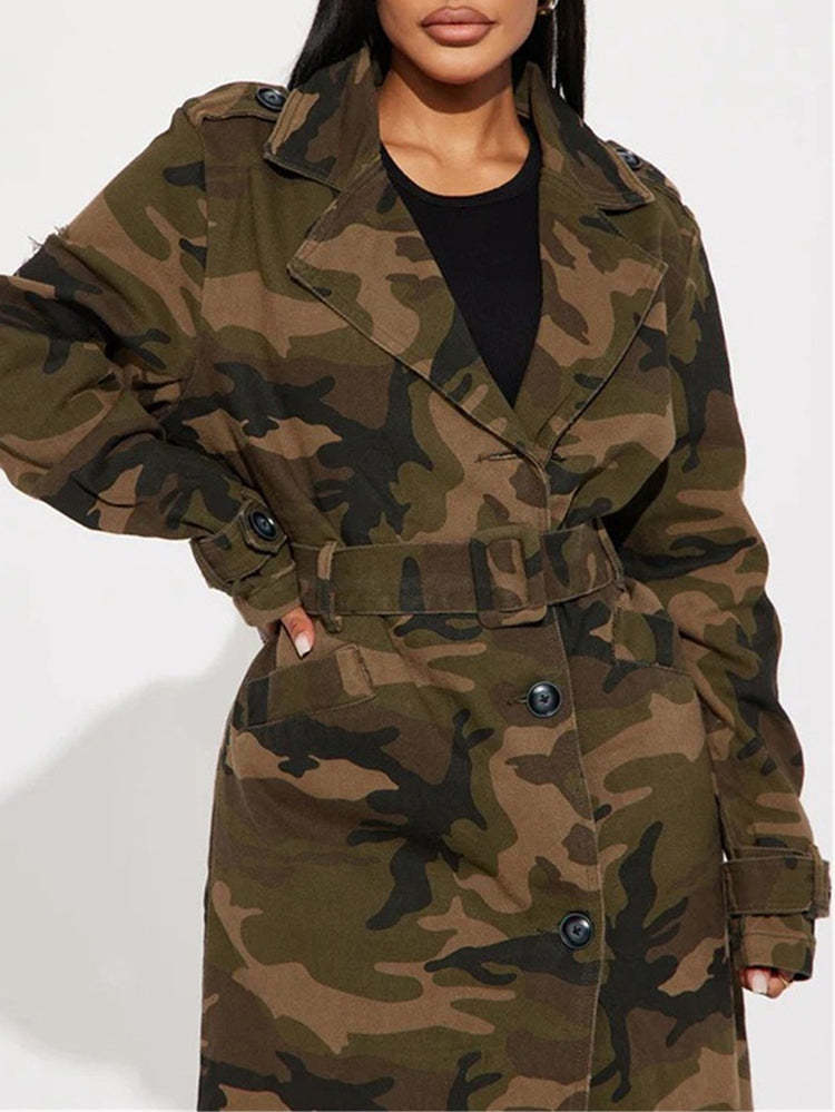 Distressed Camouflage Long Trench Coat