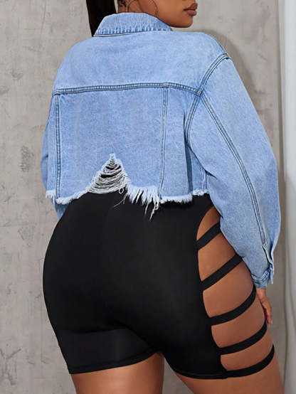 Plus Size Ripped Cropped Denim Jacket