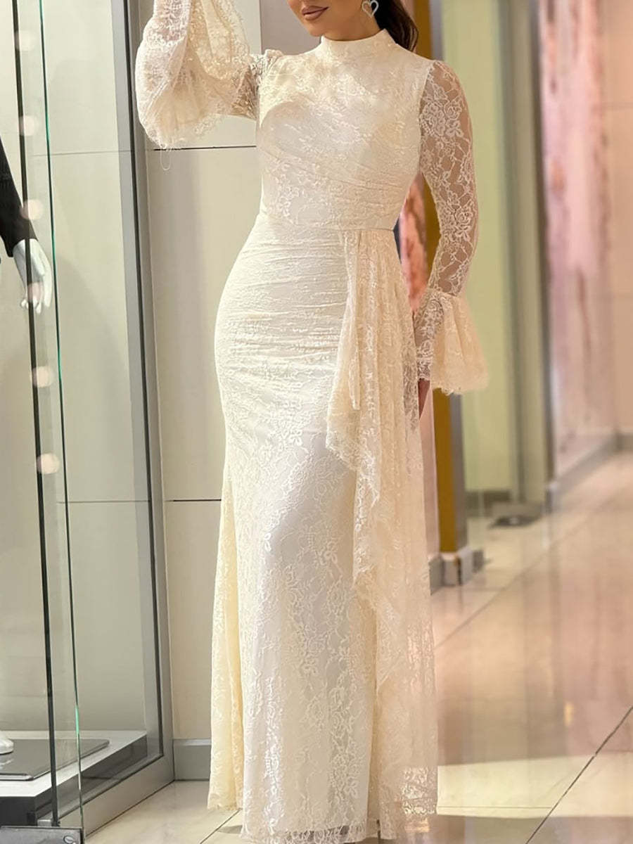 Elegant Long Sleeve Ruffle Flared Sleeve Lace Maxi Dress | Formal Dress