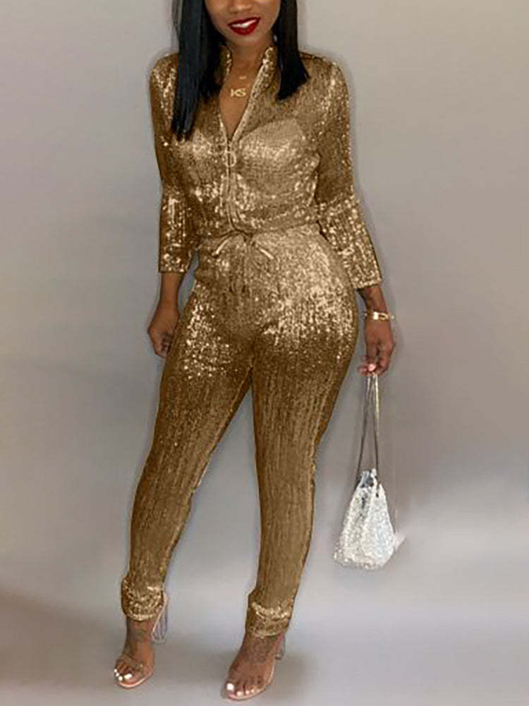 Long Sleeve Sequin Belted Jumpsuit