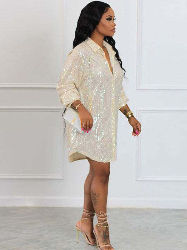 Glitter Sequins Long Sleeve Mini Shirt Dress