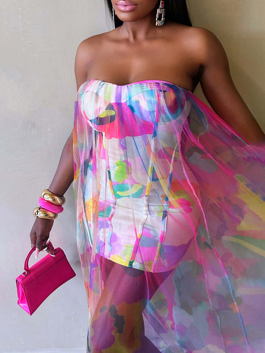 Colorblock Mesh Patchwork Strapless Dress