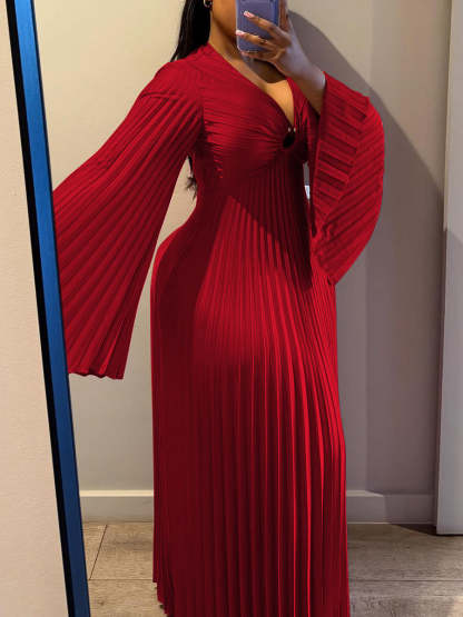 Chiffon V-Neck Pleated Maxi Dress