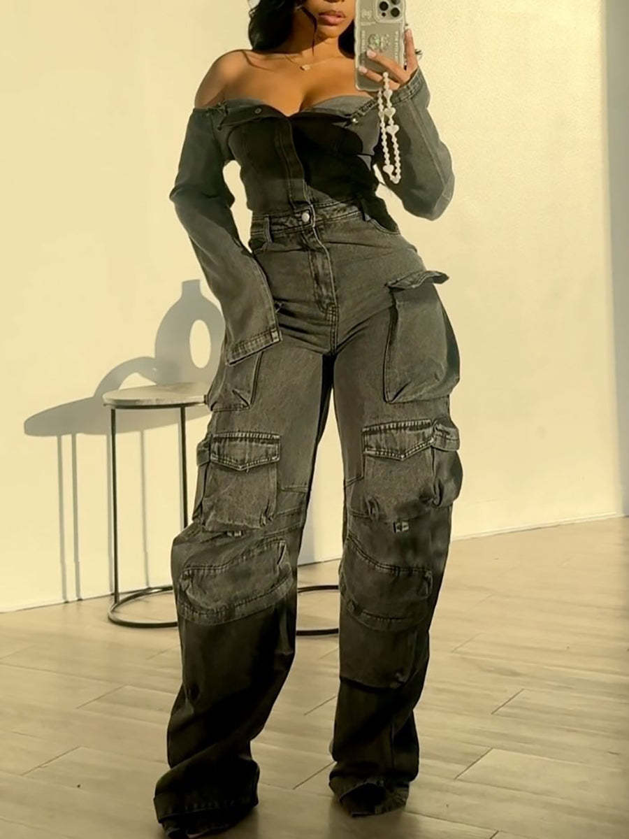 Off-Shoulder Pockets Denim Jumpsuit