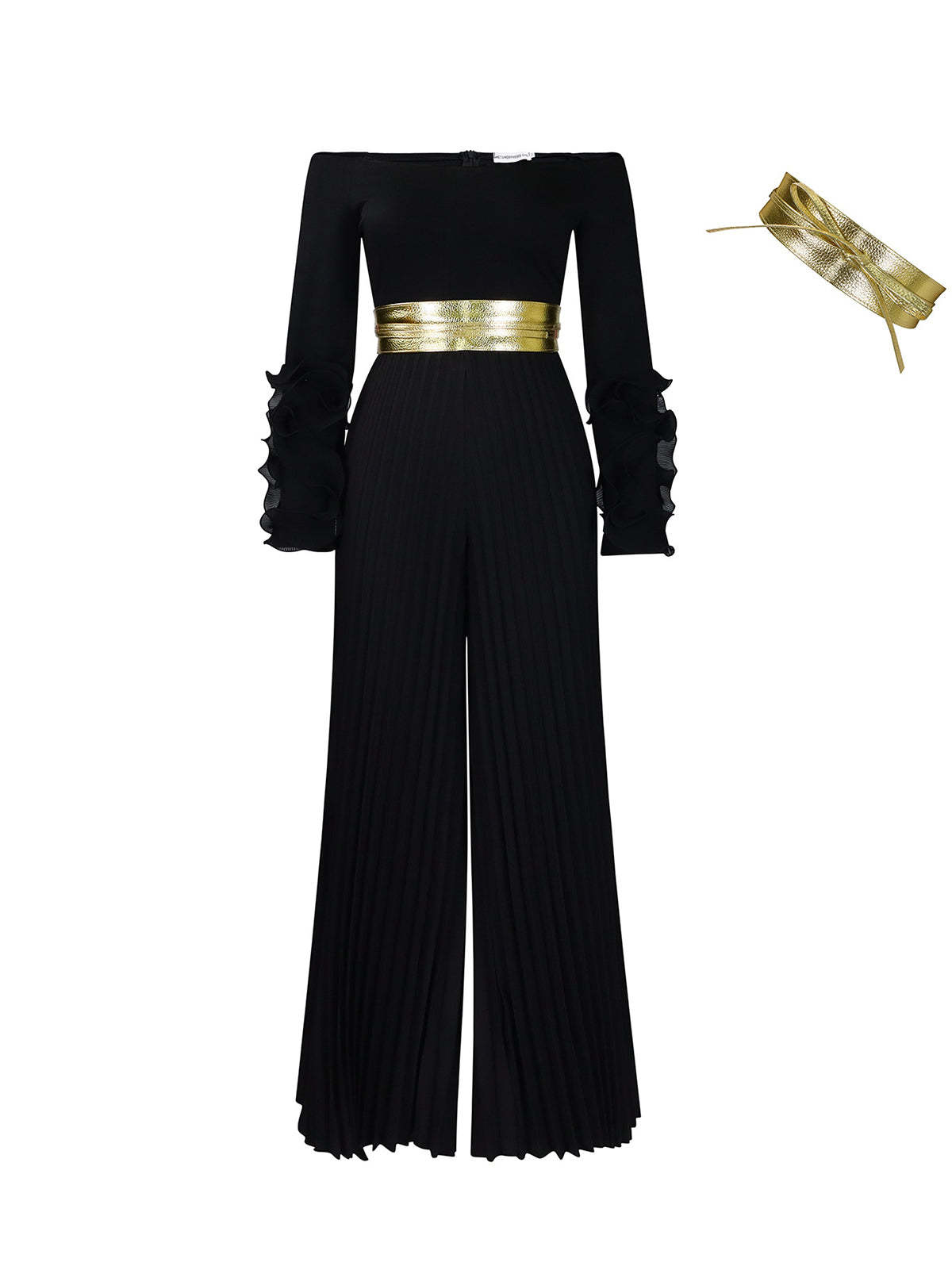 Off-Shoulder Ruffle Pleated Wide Leg Jumpsuit