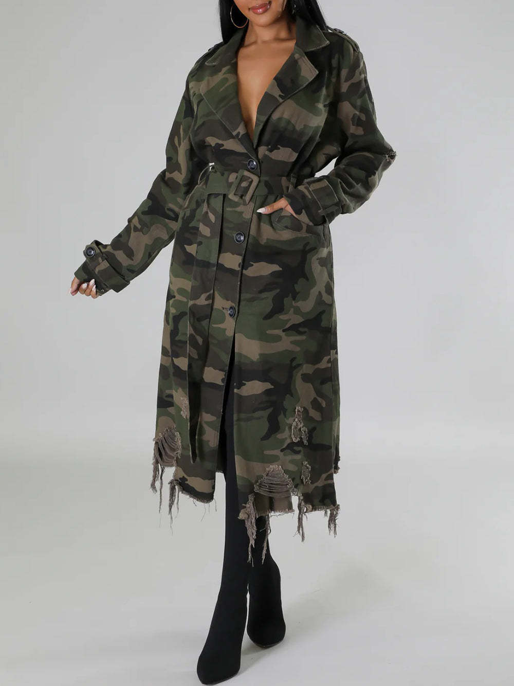 Distressed Camouflage Long Trench Coat