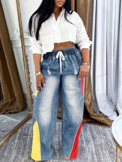 Drawstring High Waist Color Block Jeans