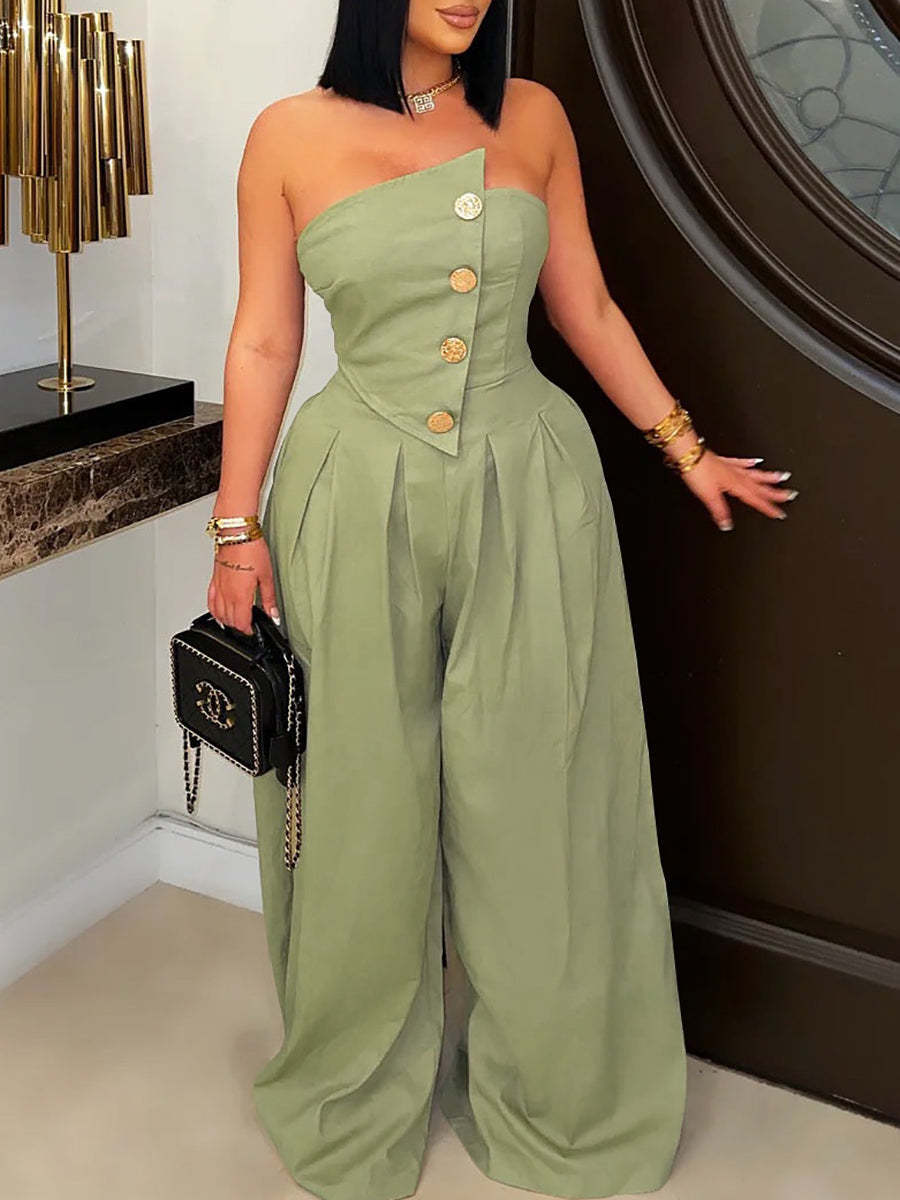 Strapless Button Wide-Leg Jumpsuit
