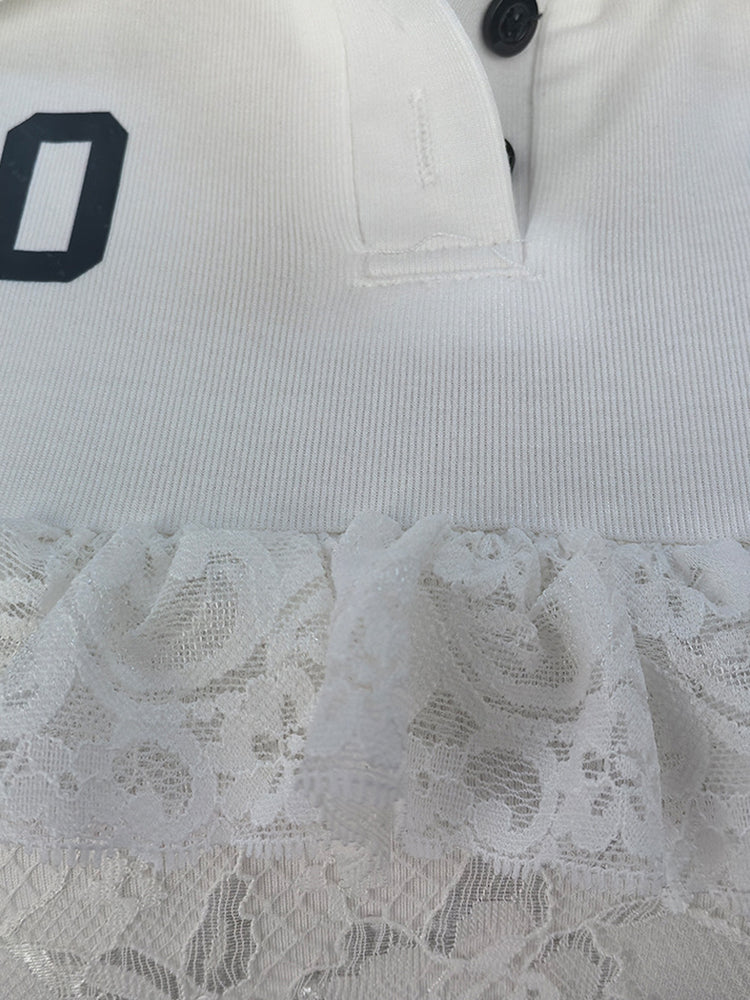 Lace Trim Letter Print Top Pleated Skirt Set