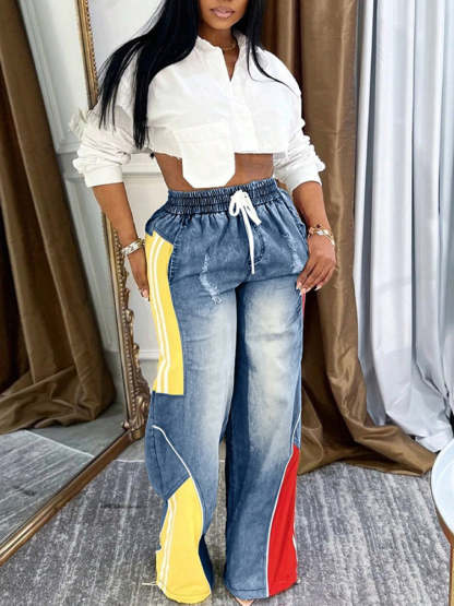 Drawstring High Waist Color Block Jeans